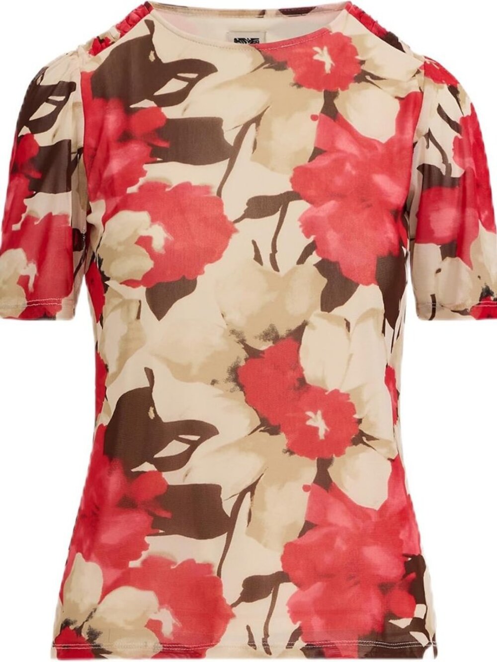 Anne Klein Women's Elbow Sleeve Ruched Shoulder Printed Mesh Top